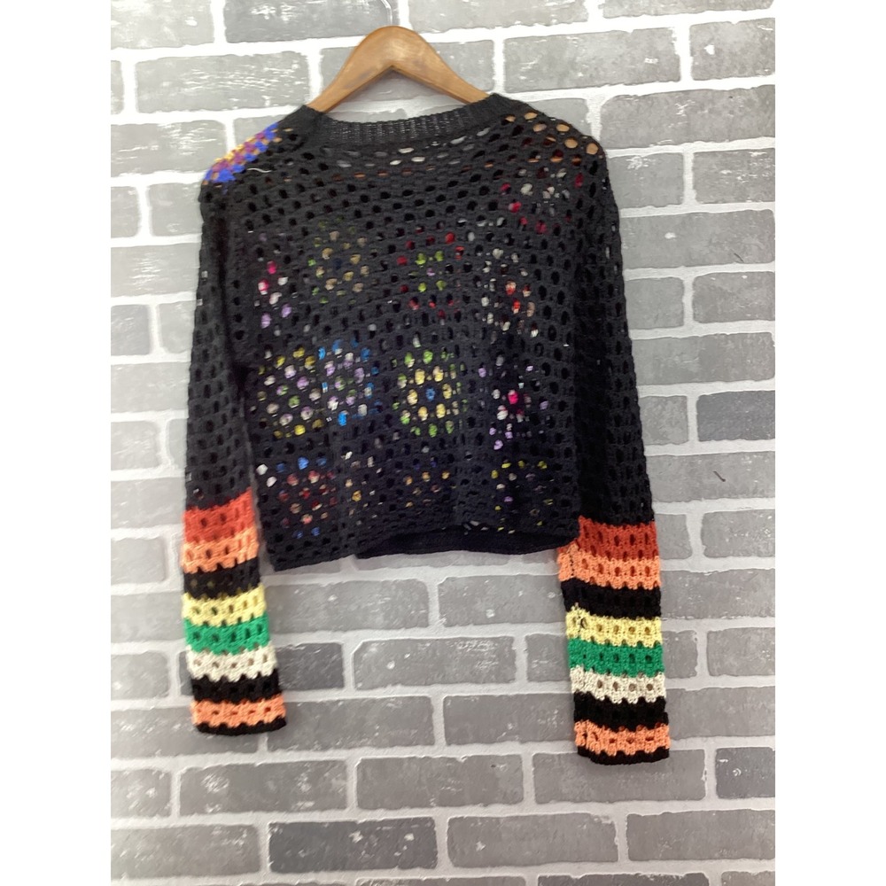 Adora Women Crochet Granny Square Sweater Black Multi Color Boho Knit Large - Picture 4 of 5